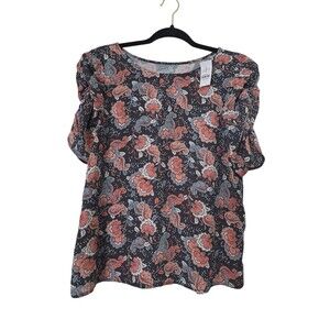 NWT Ann Taylor Size Small Womens Floral Short Puffed Sleeve Stretch Knit Blouse